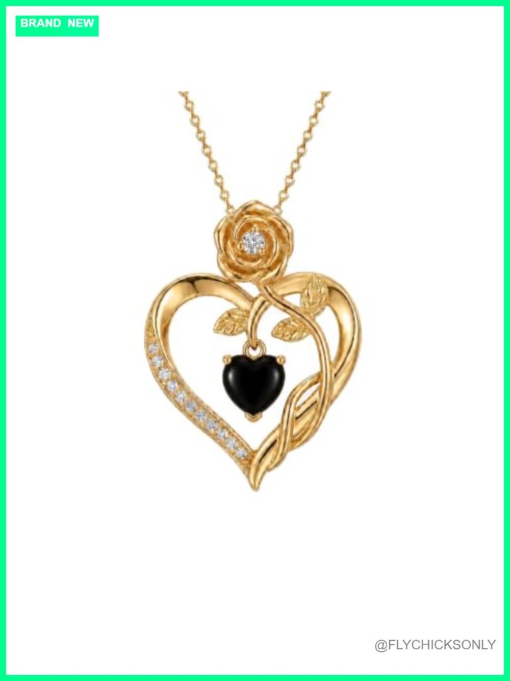14K Gold Plated Heart Necklace with Black Onyx and CZ Accents